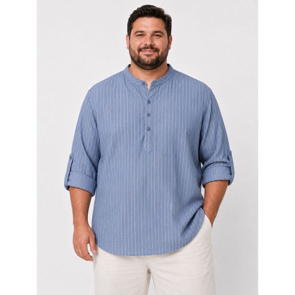 COOFANDY Men's 3XL Blue Stripe Henley Shirt Cotton Hemp Long Sleeve Casual